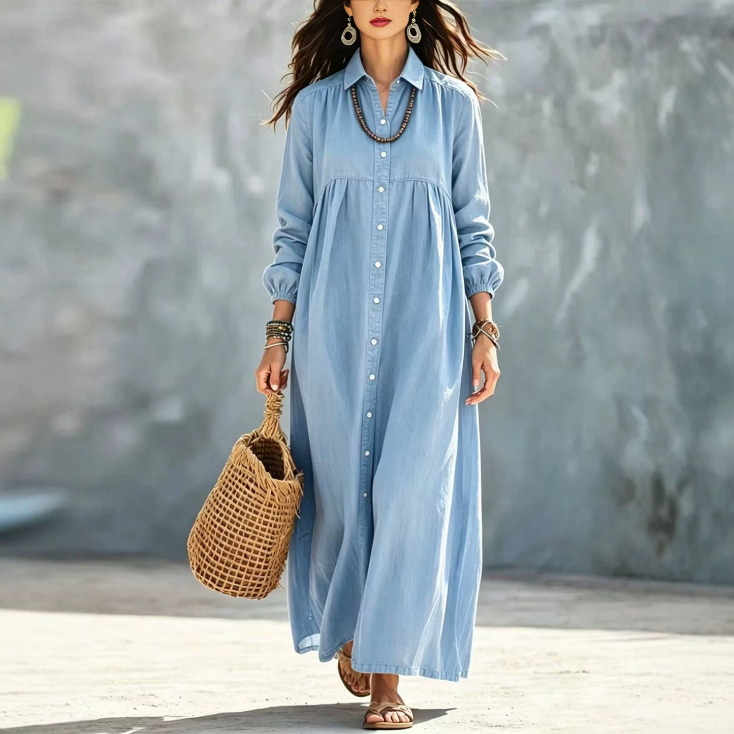 Women's Color Shirt Loose Button Lapel Casual Long Dress