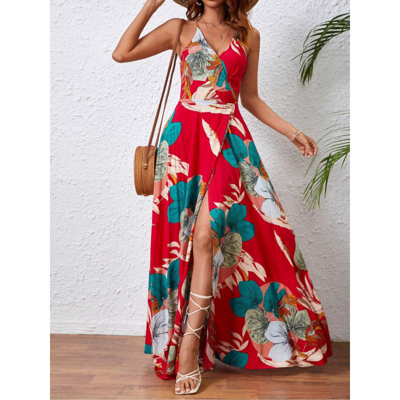 Attractive Tropical Printing Thigh Split Strap Dress