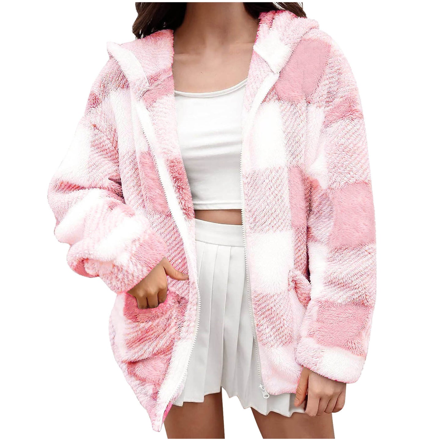 Plaid Loose Casual Long Sleeves Hooded Fur Women's Sweater, Sweater