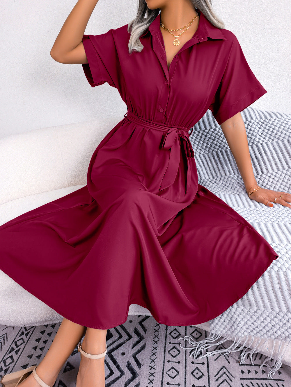 Women's Wind Casual Loose Pure Color Tied Shirt Dress