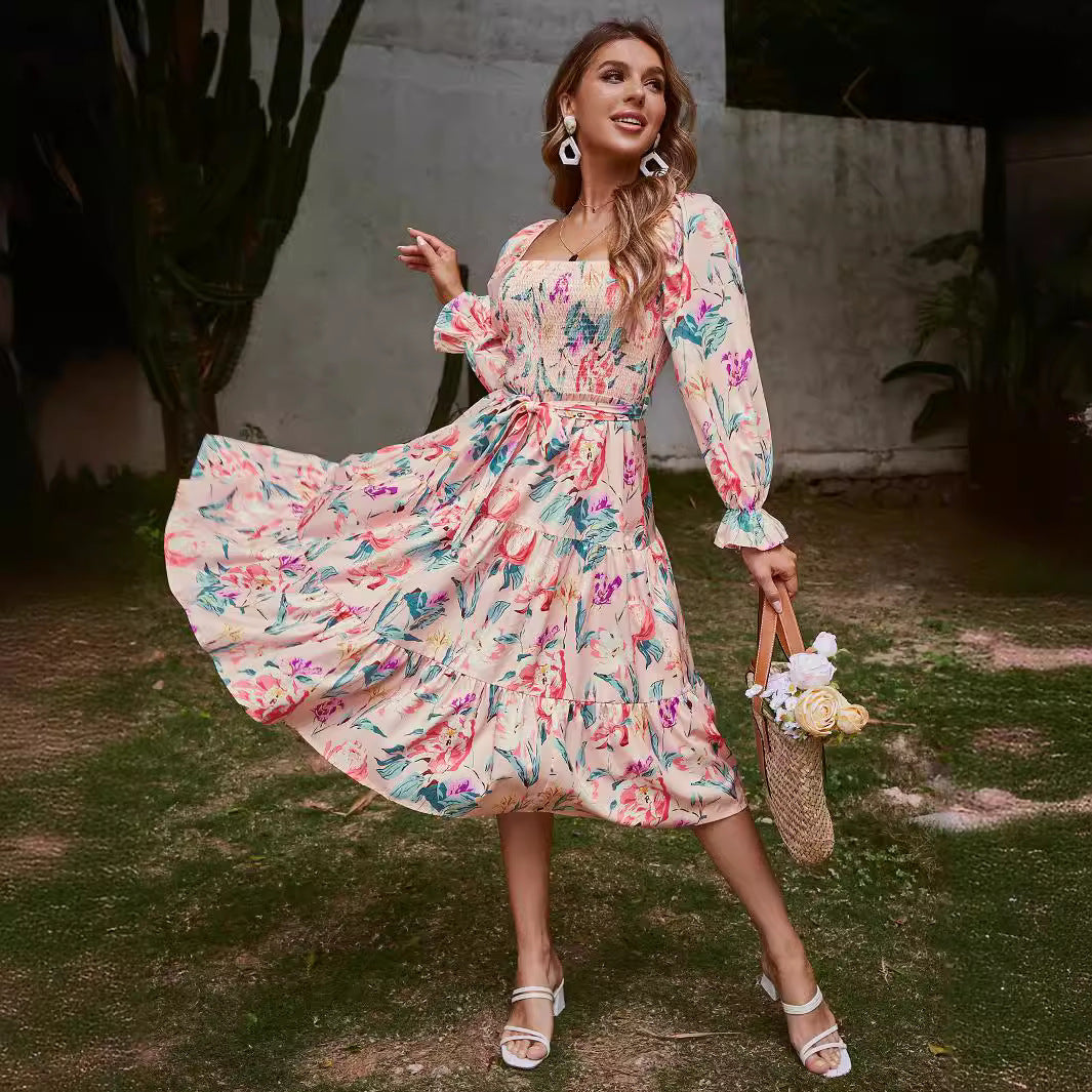 Square Collar Flared Long Sleeve High Waist Dresses