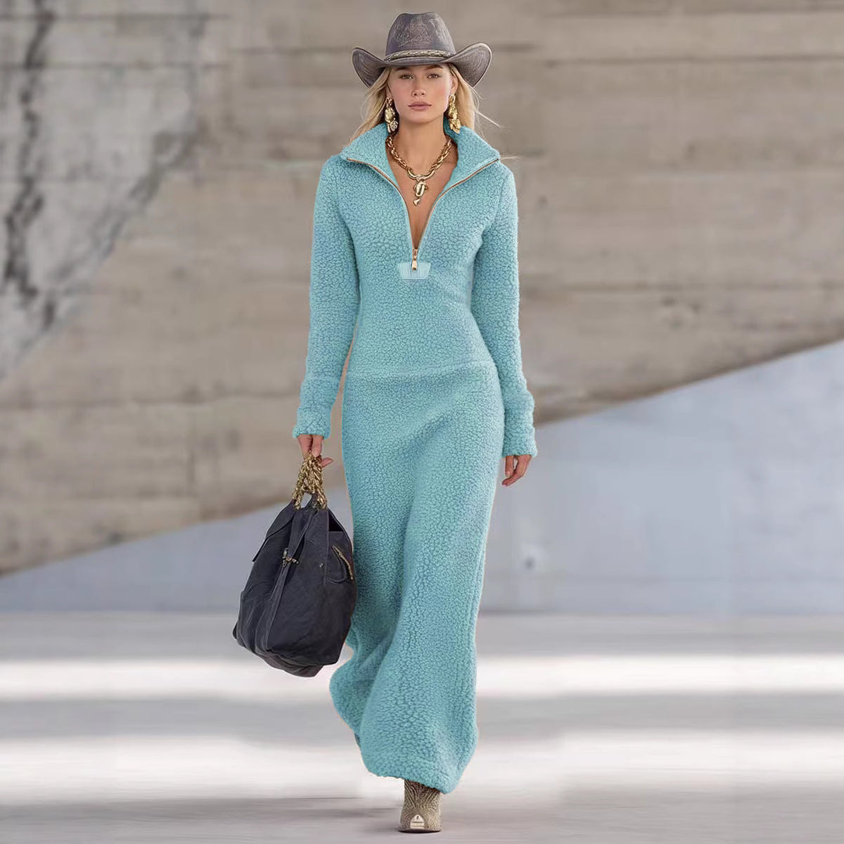 Women's Fleece Zipper Collar Slim Long Female Dress