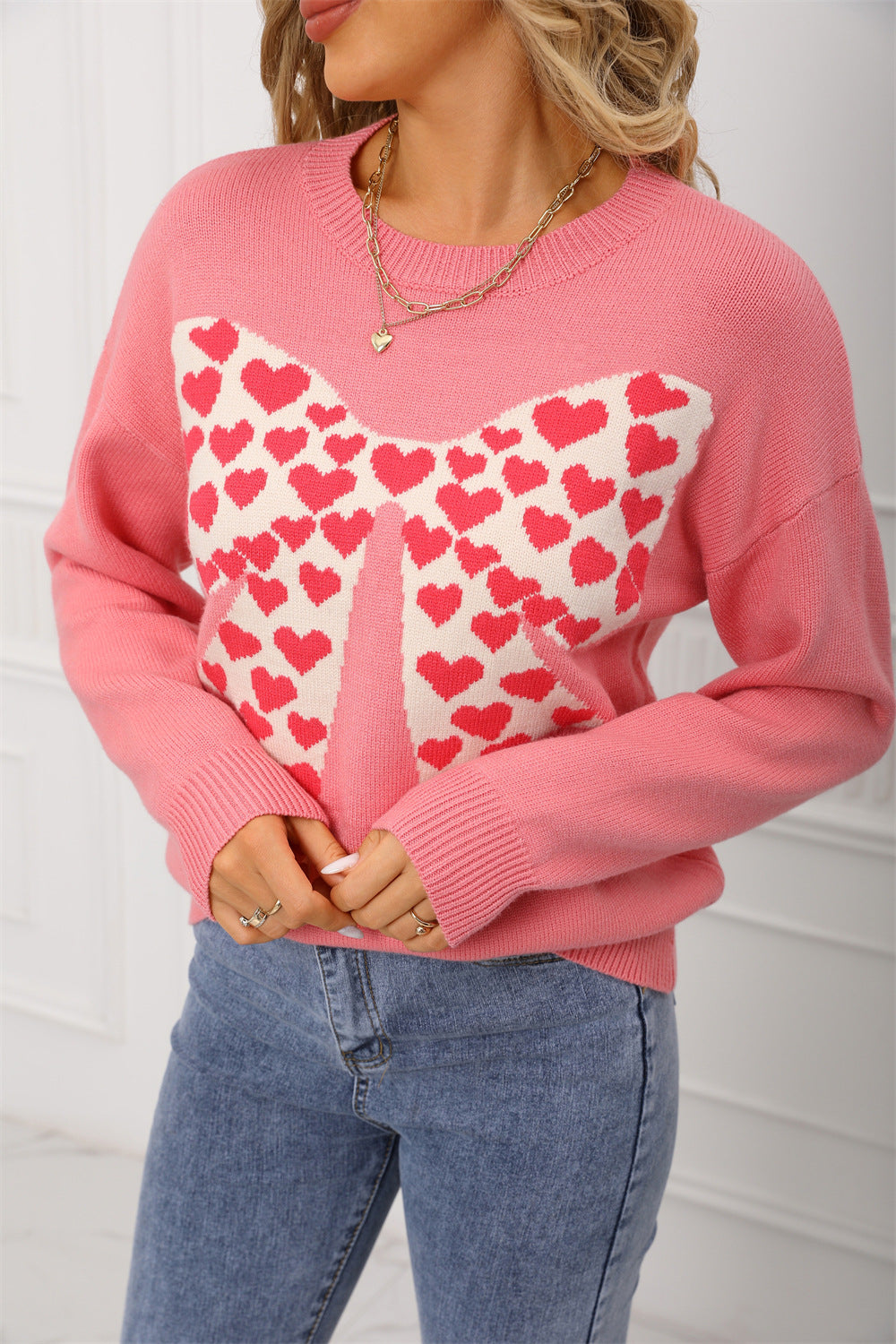 Round Neck Long Sleeve Casual Bow Small Love Sweaters