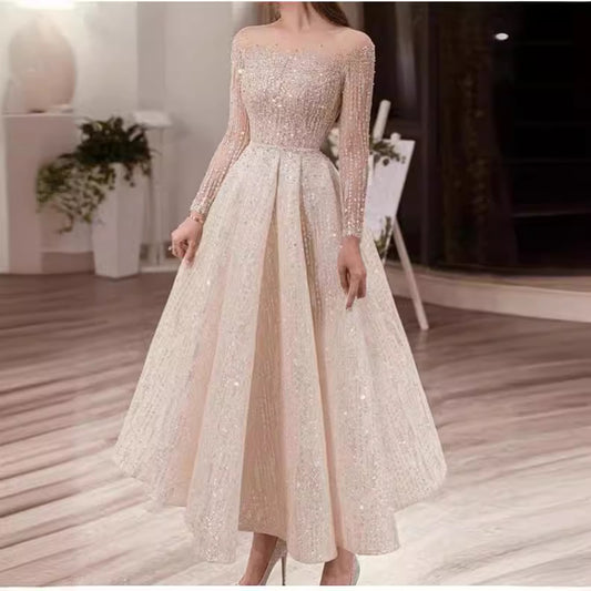 Long Sleeve Sequined Puffy Formal Dress Dresses