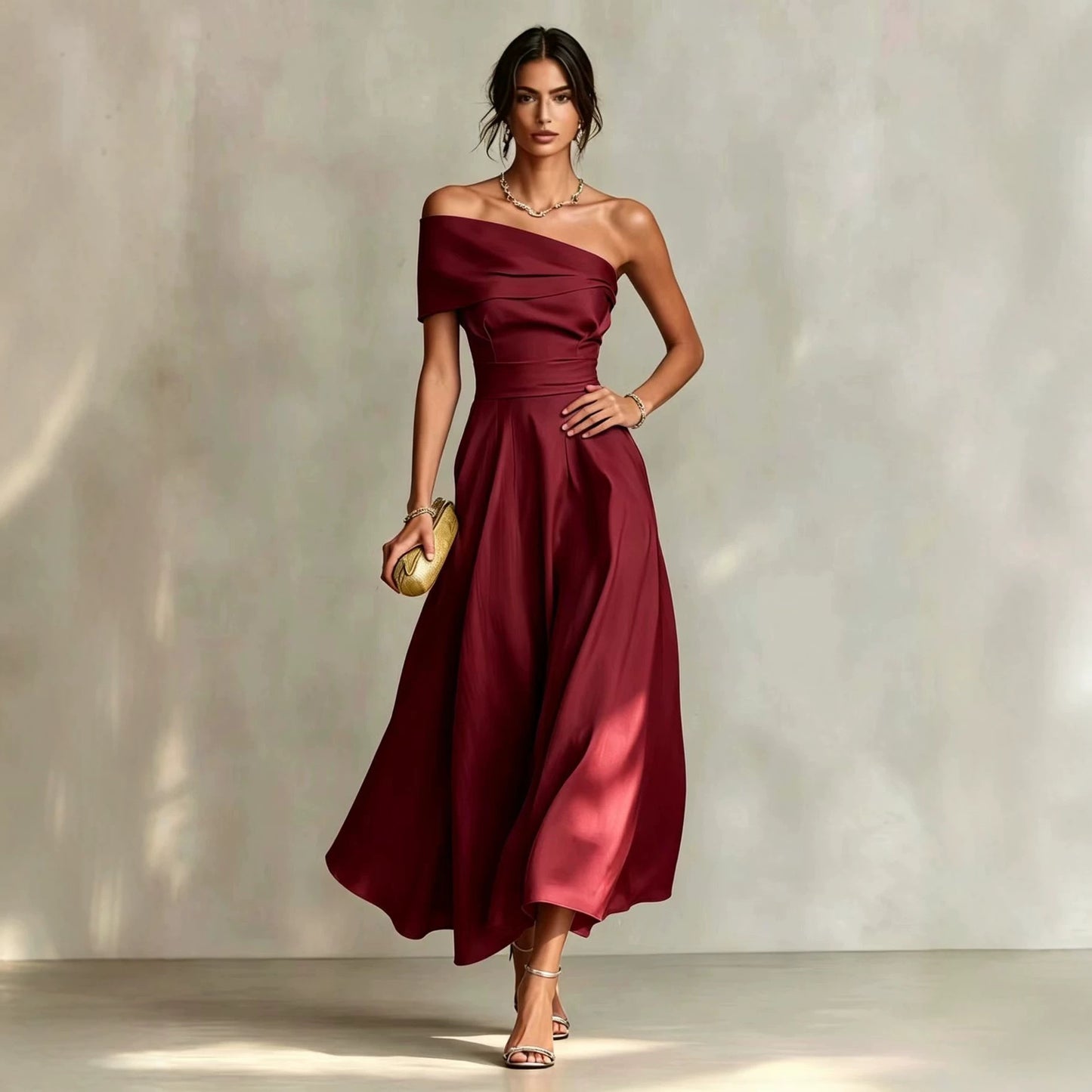 Women's Solid Color Waist Tight Slant Shoulder Collar Backless Dress
