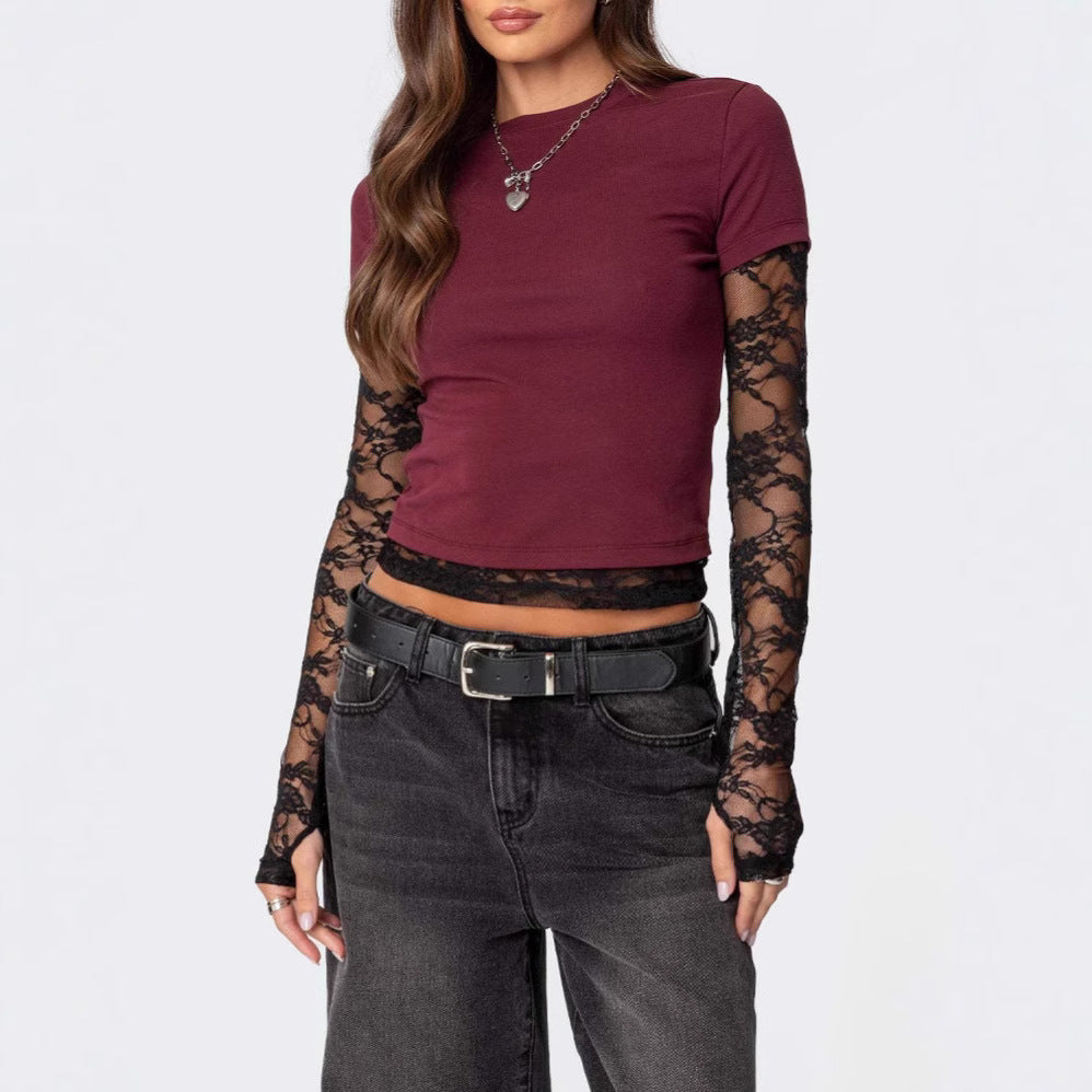 Women's Stitching Sleeves Fake Two-piece Long Sleeve Blouses