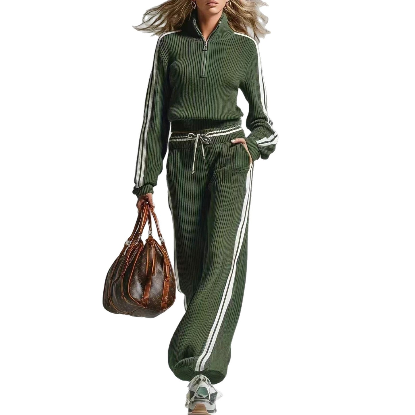 Women's Casual Sportswear Contrast Color Two-piece Knitted Clothing