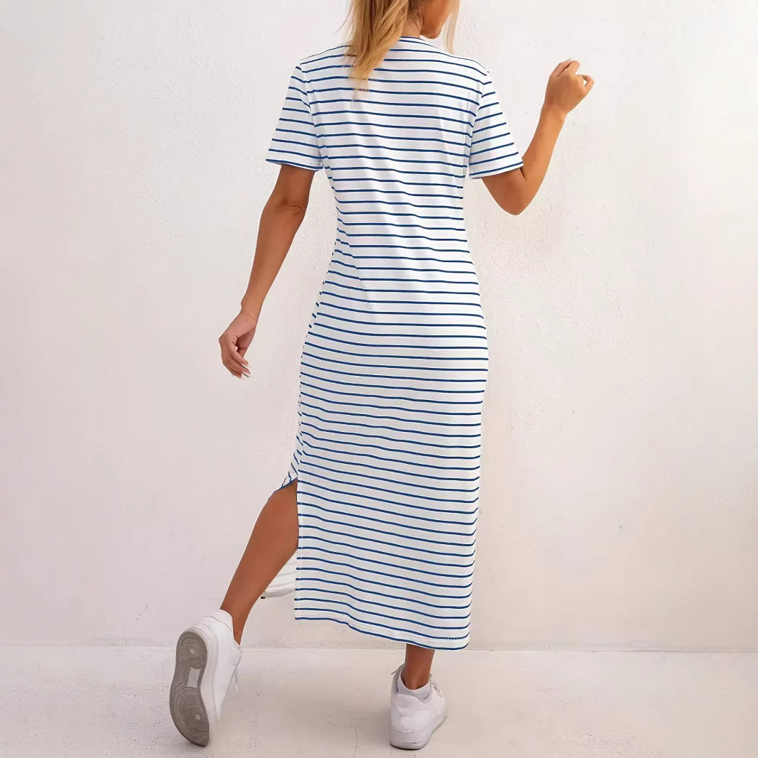 Women's Black White Striped Round Neck Sleeve Floral Print Slit Dress