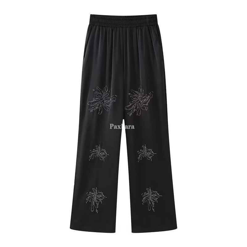 Women's Spring Lapel Beaded Long Sleeve Black Suits