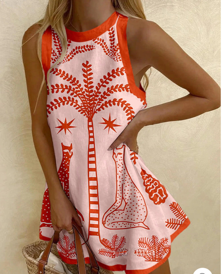Women's Printed Linen Sleeveless Mini Dress Dresses