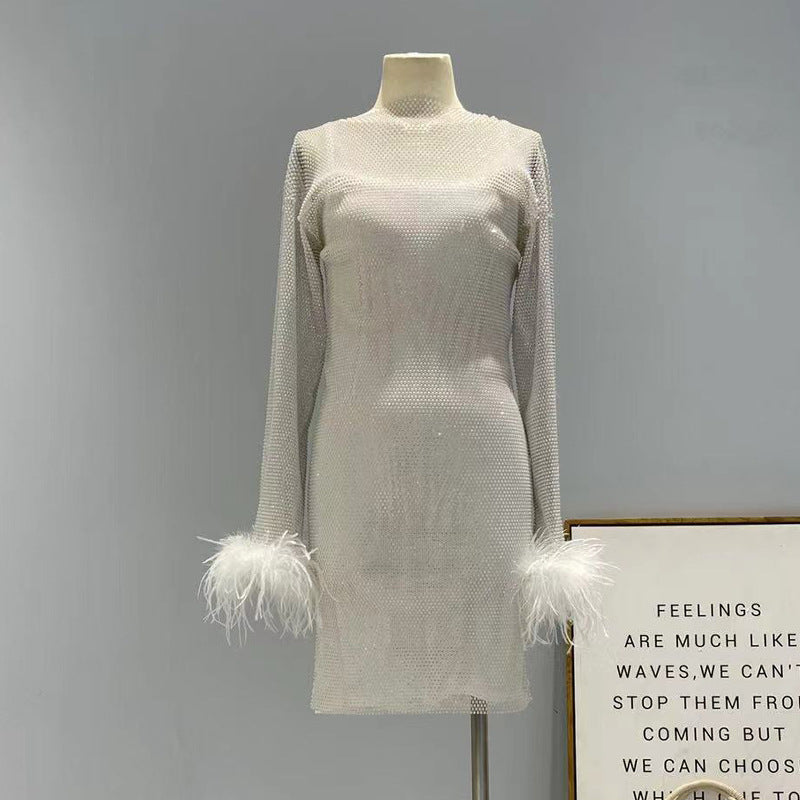Fashion Luxury Hollow Mesh Ostrich Feather Slimming Bottoming Dress