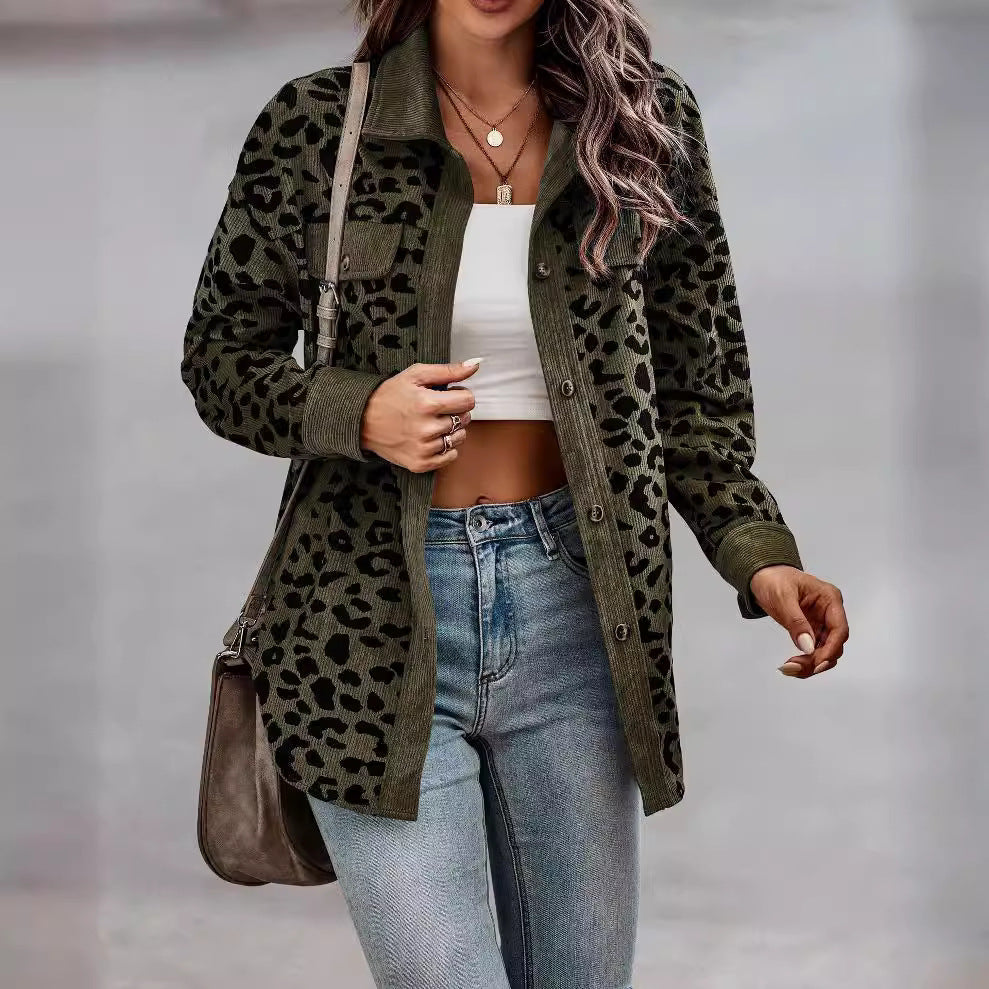 Women's Fashion Leopard Print Button Long Sleeve Coats
