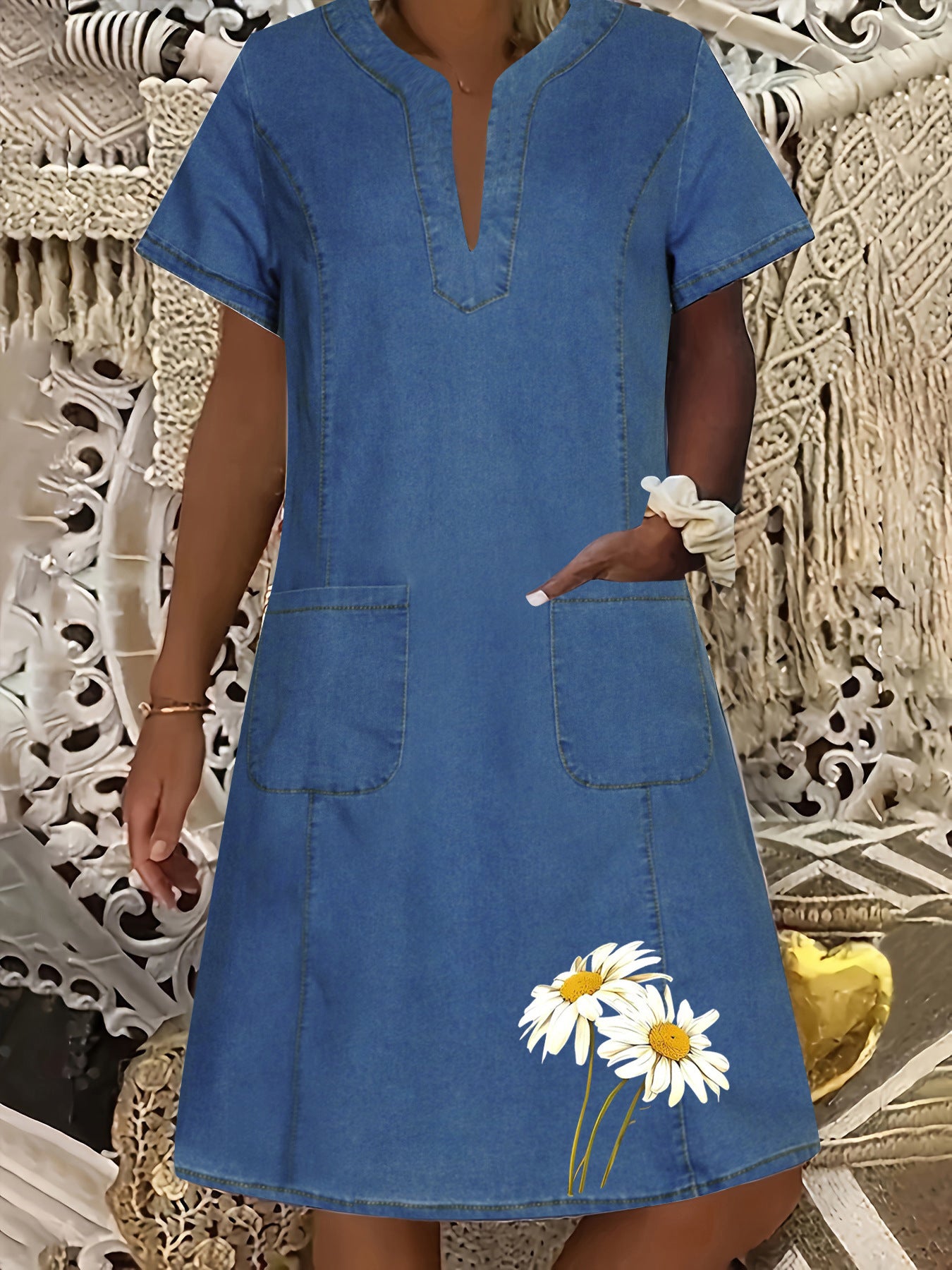 Women's Denim Dress Dark Blue Thin Pocket Dresses