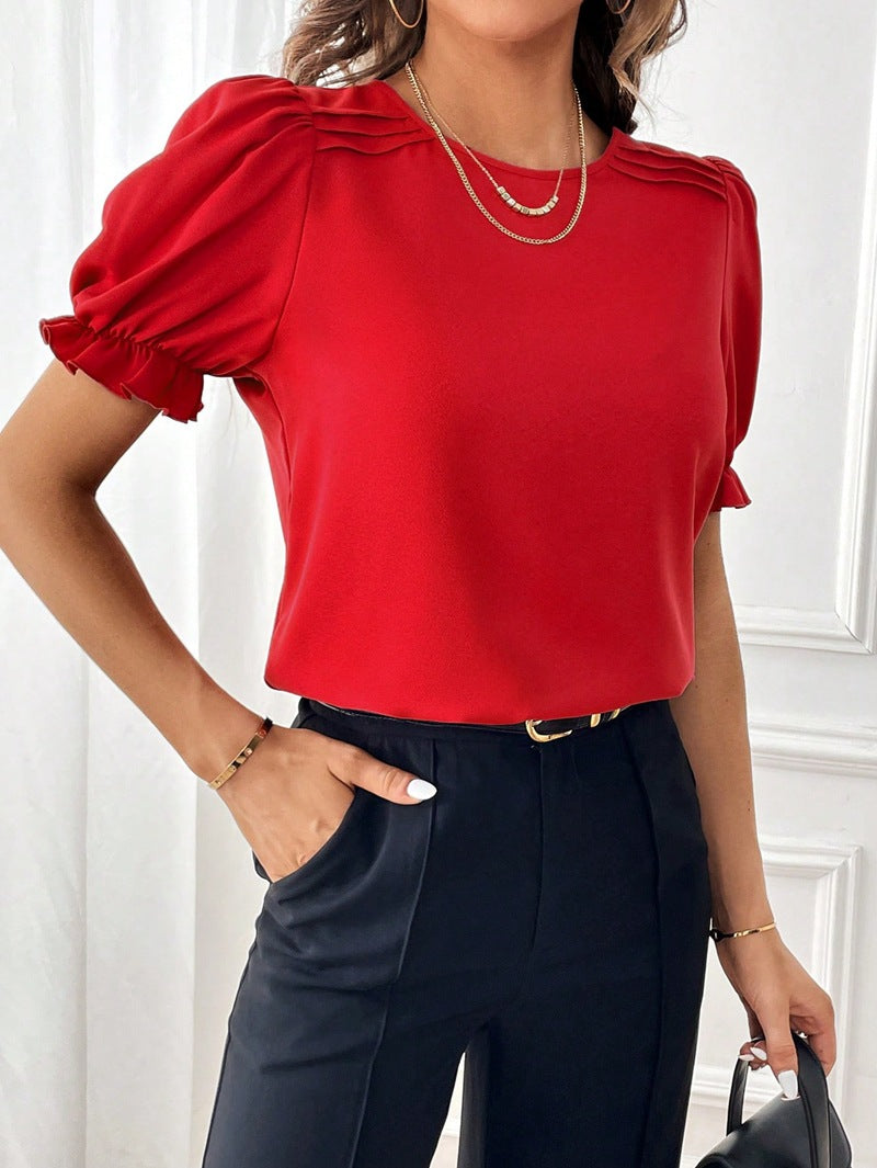 Women's Summer Fashion Temperament Pure Color Round Blouses