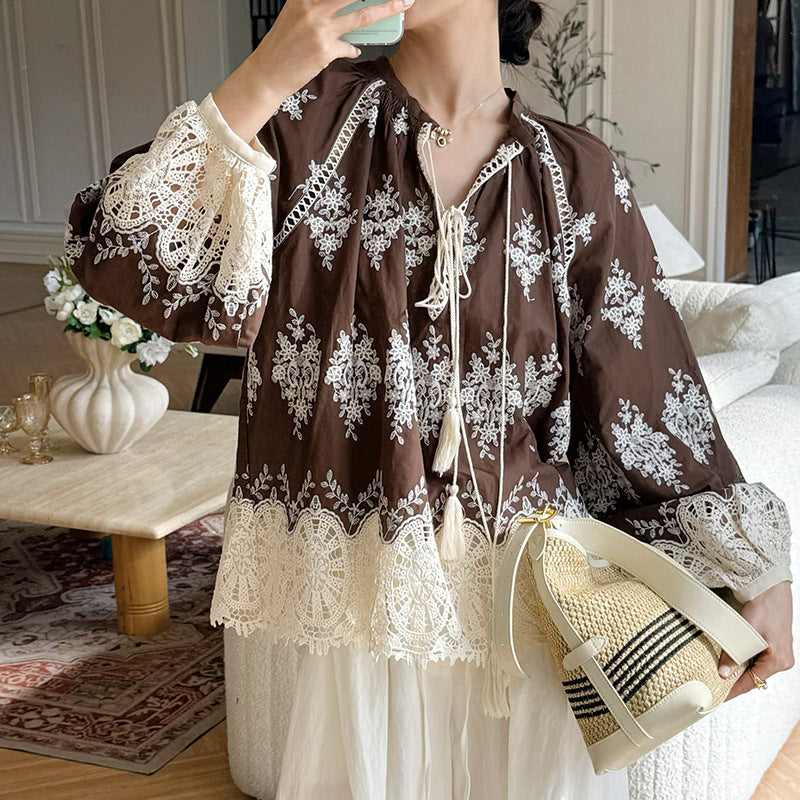 Women's Autumn French Embroidery Hollow Shirt Long Blouses