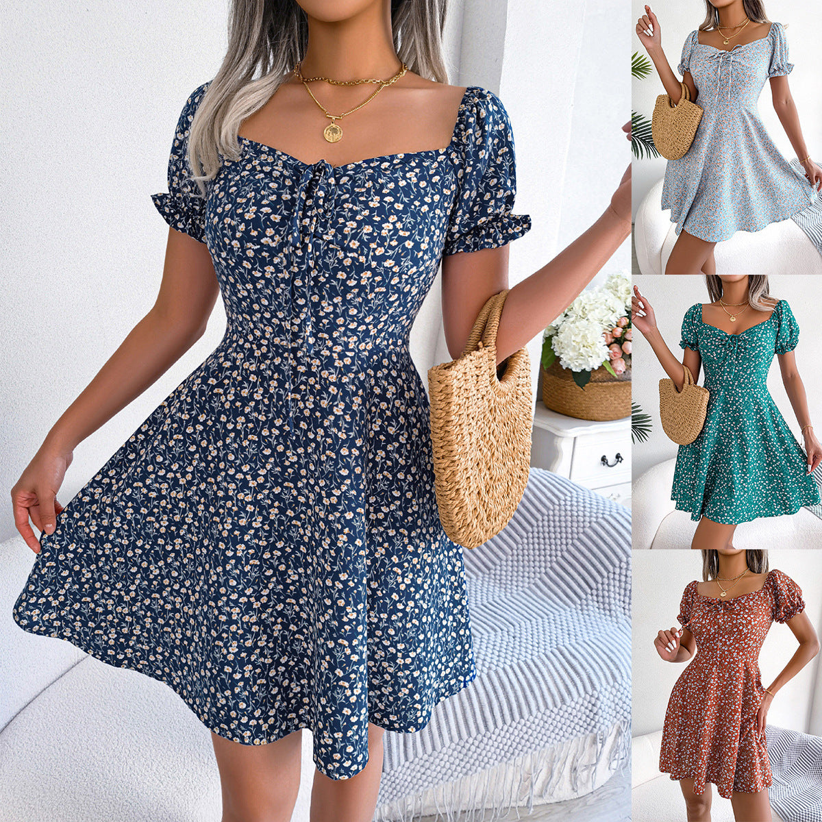 Women's Style Casual Bell Sleeve Drawstring Lace Floral Print Large Dress