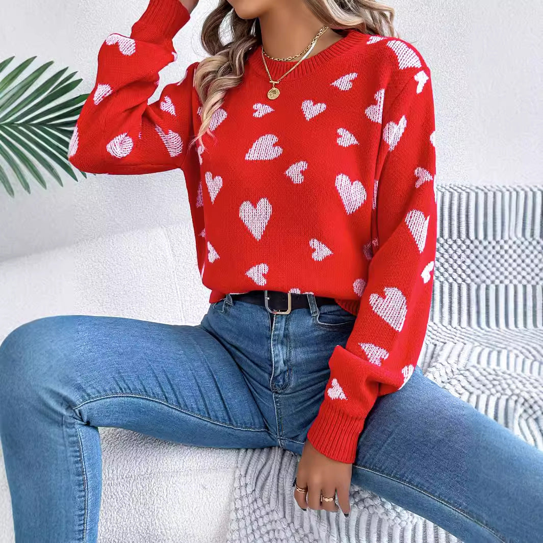 Clearance Casual Contrast Color Love Lantern Sleeve Pullover Sweater