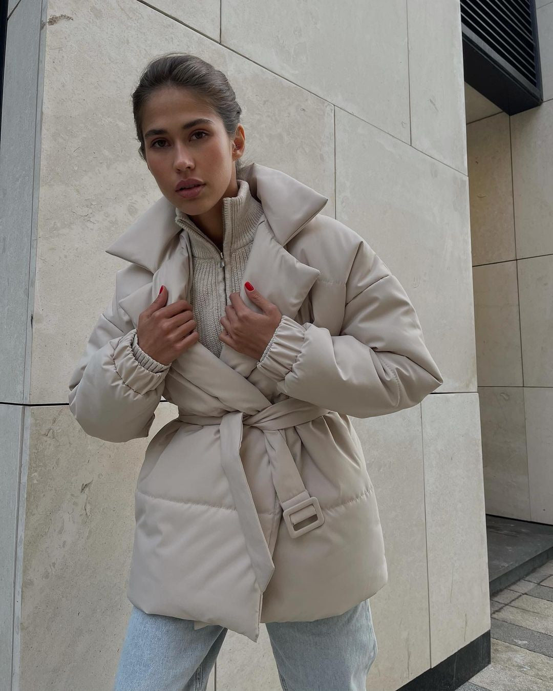 Women's Winter Padded Lapel Cinched Slimming Pure Coats