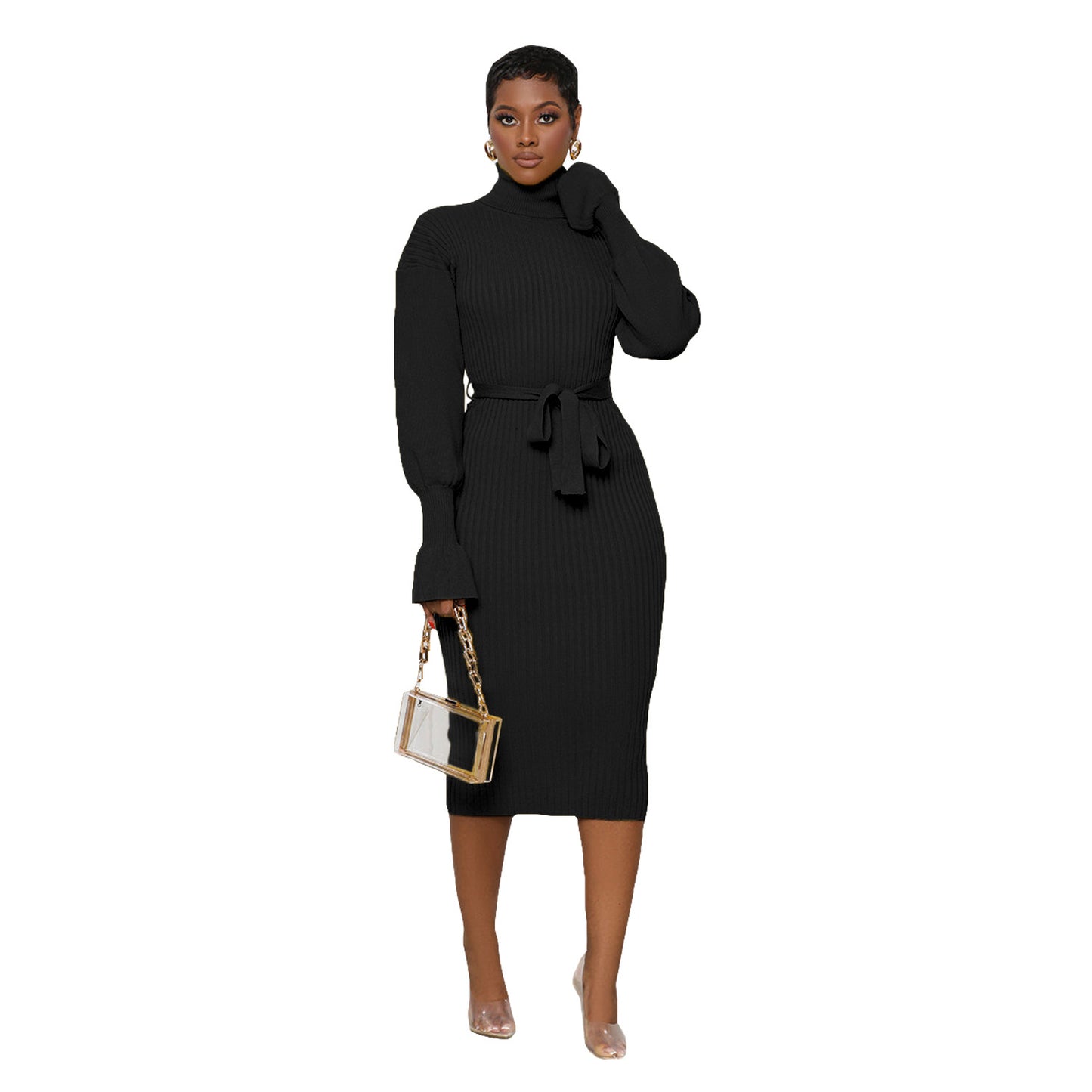 Women's Solid Color Turtleneck Knitting Tied Dress Dresses