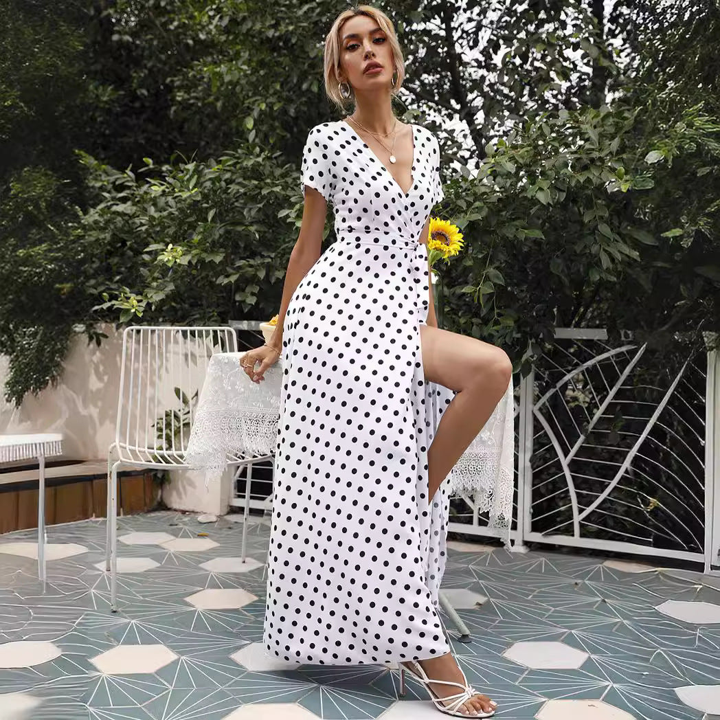 Women's Summer Waist Trimming Short-sleeved Polka Dot Dresses