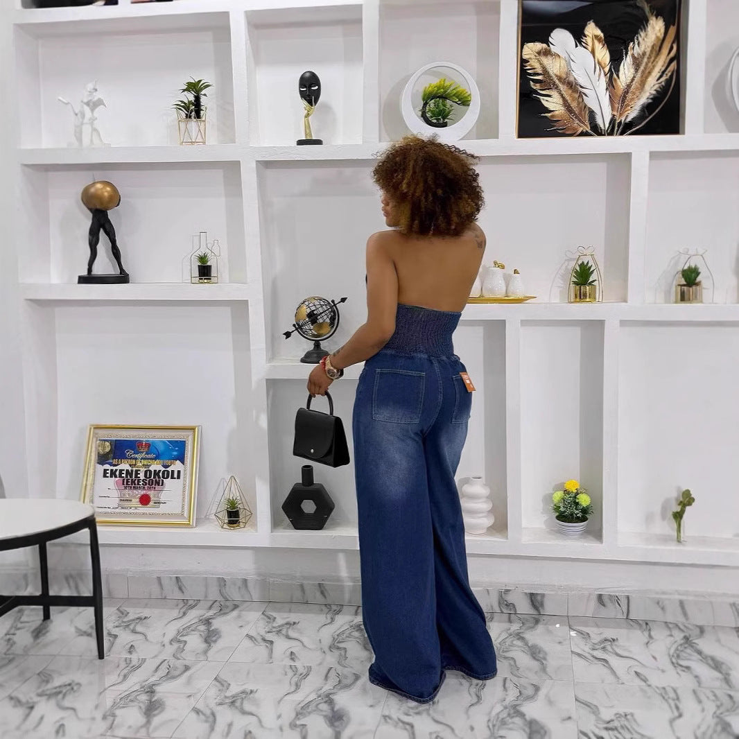 Women's Summer Lapel Halter Single-breasted Backless Denim Jumpsuits