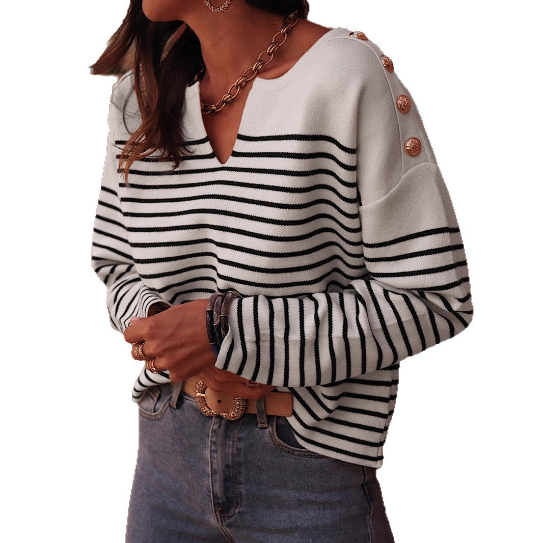 Women's Elegant Shoulder Button Long Sleeve Notched Sweaters