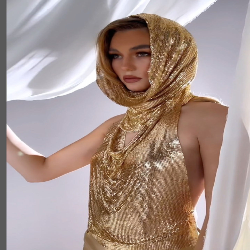 Women's Nightclub Back Slit Metal Sequins Scarf Tops