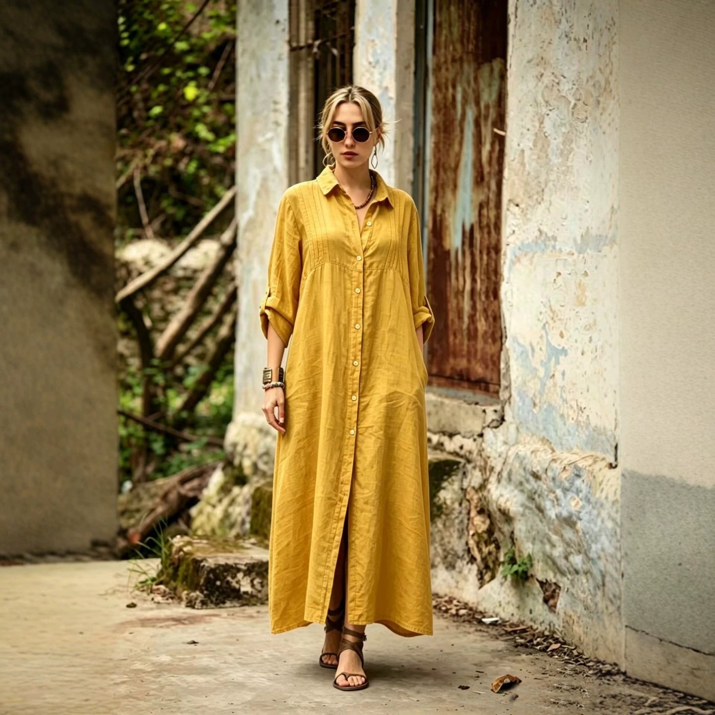 Solid Color Shirt Collar Long Sleeve Temperament Elegant Simple Loose Dress