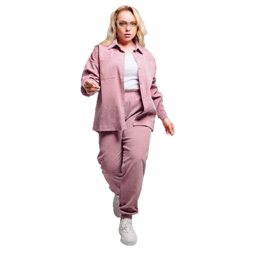 Women's Retro Lapel Shirt Outfit Loose Corduroy Trousers Fashion Casual Suit