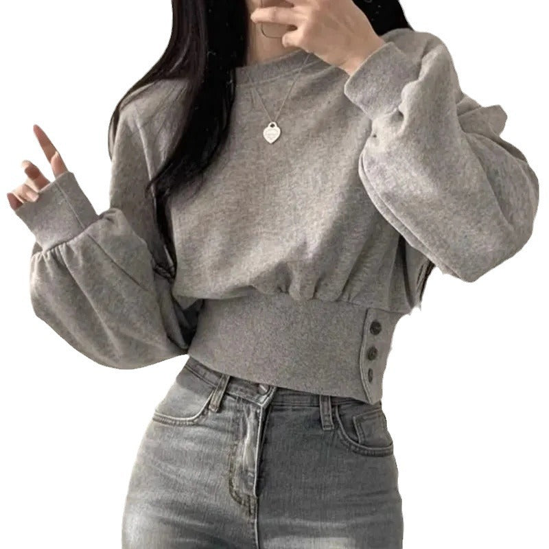 Women's Korean Round Neck Buckle Waist Slimming Women's Sweater, Sweater