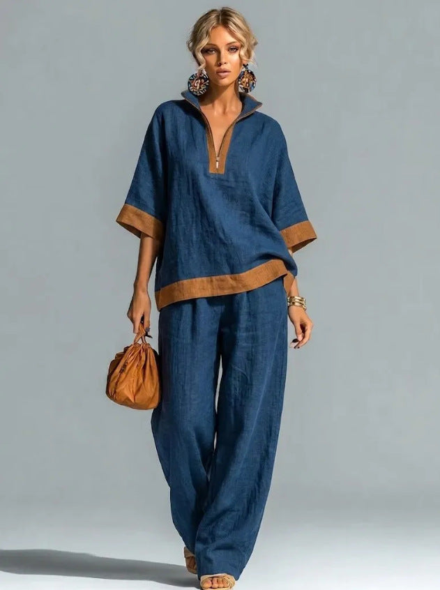 Women's Color Half Zipper Cotton Linen Half-sleeve Fashion Casual Suit