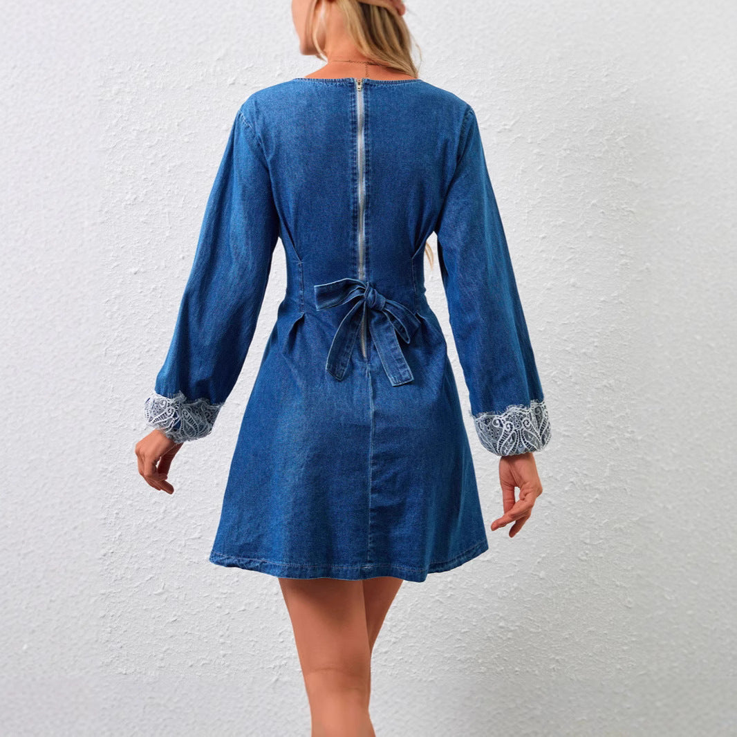 Women's Denim Long-sleeved Dress With Elegant Waist Dresses