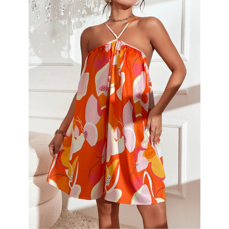 Printed Strap Beach Vacation Style Loose Dress