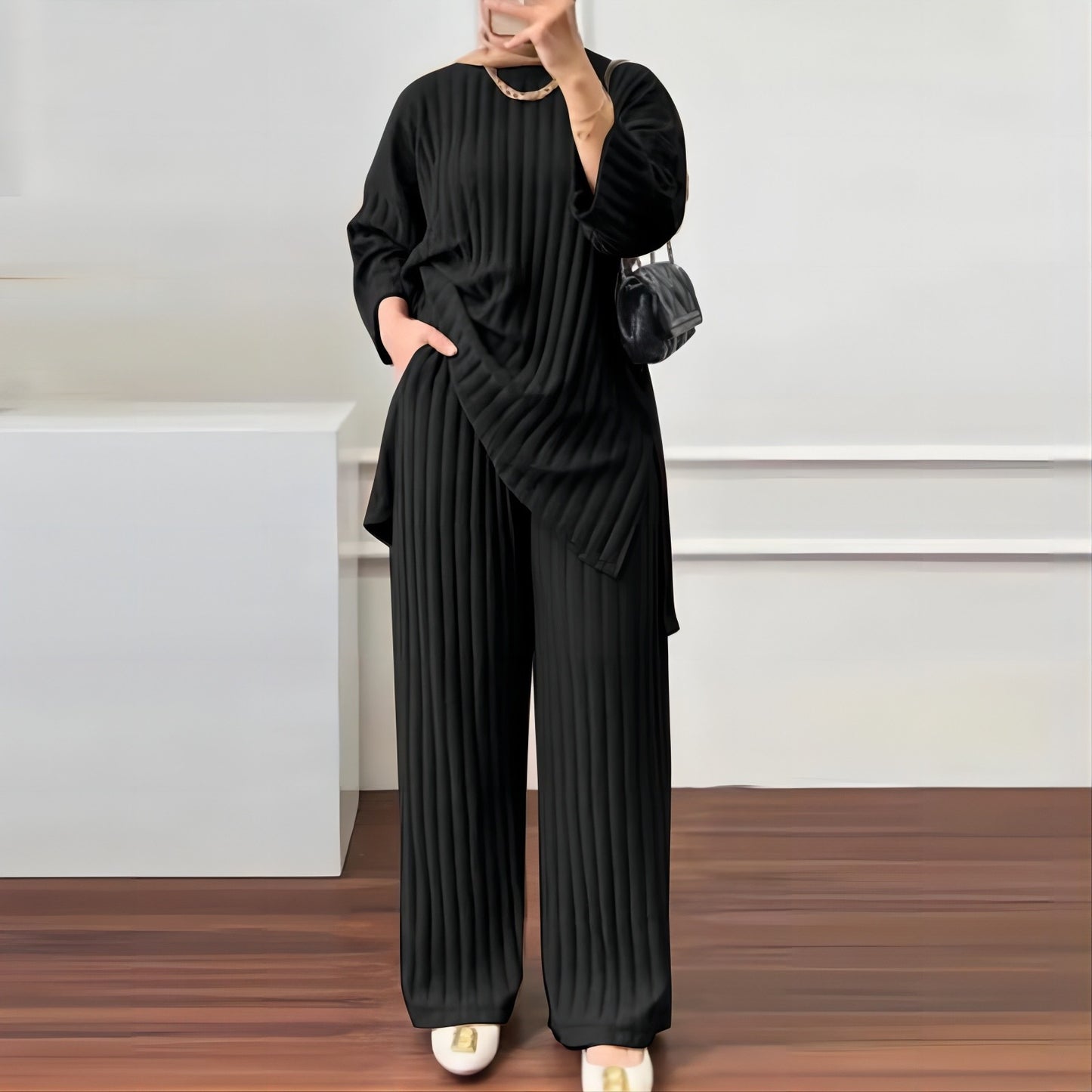 Women's Long Sleeve Wide Leg Solid Color Casual Suits