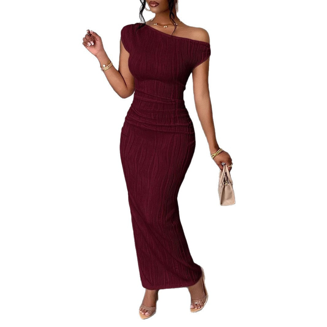 Women's Summer Oblique Shoulder Water Ripple Cute Fashion Slim Fit Date Dress
