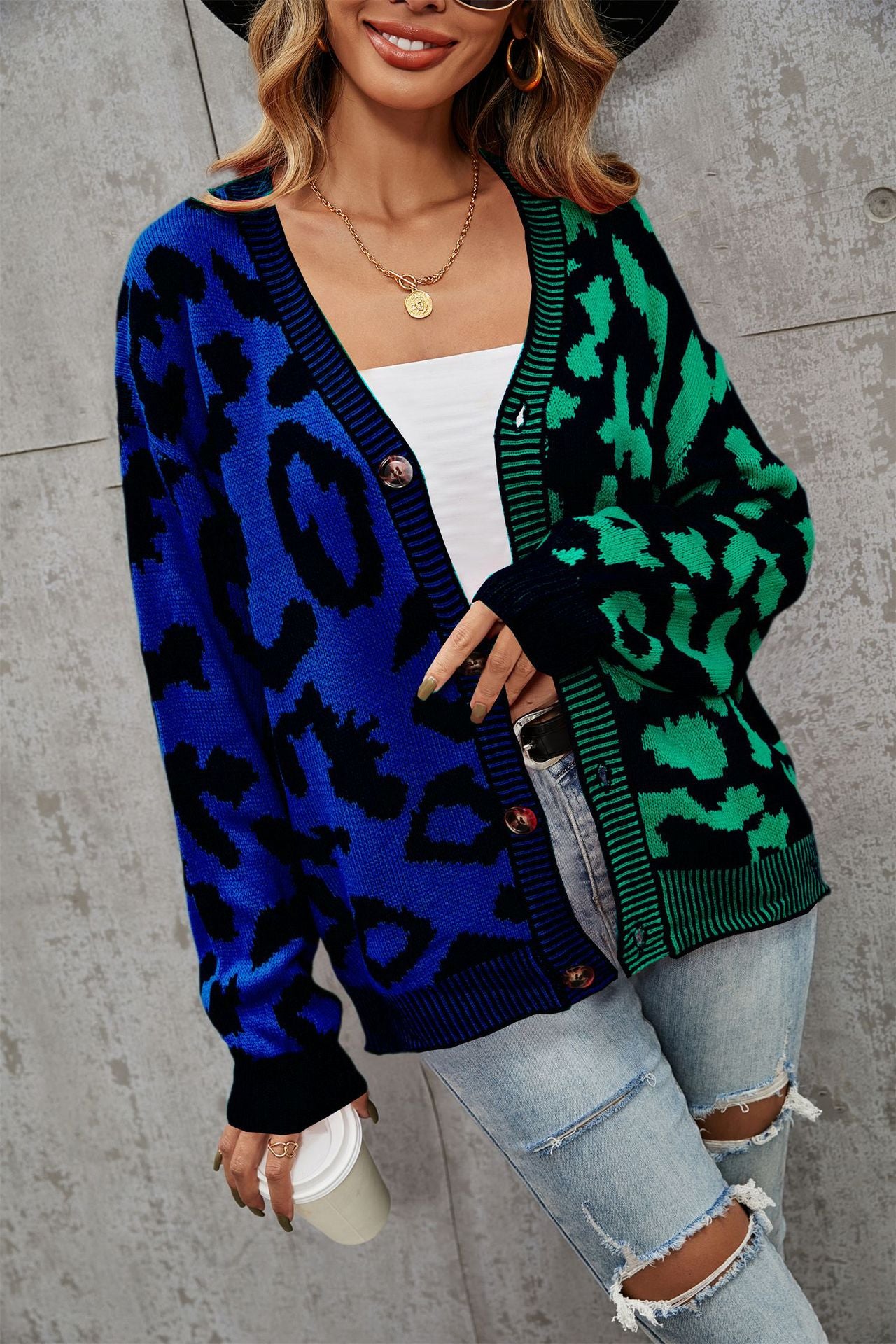 Graceful Comfortable Winter Leopard Splicing Button Women's Sweater