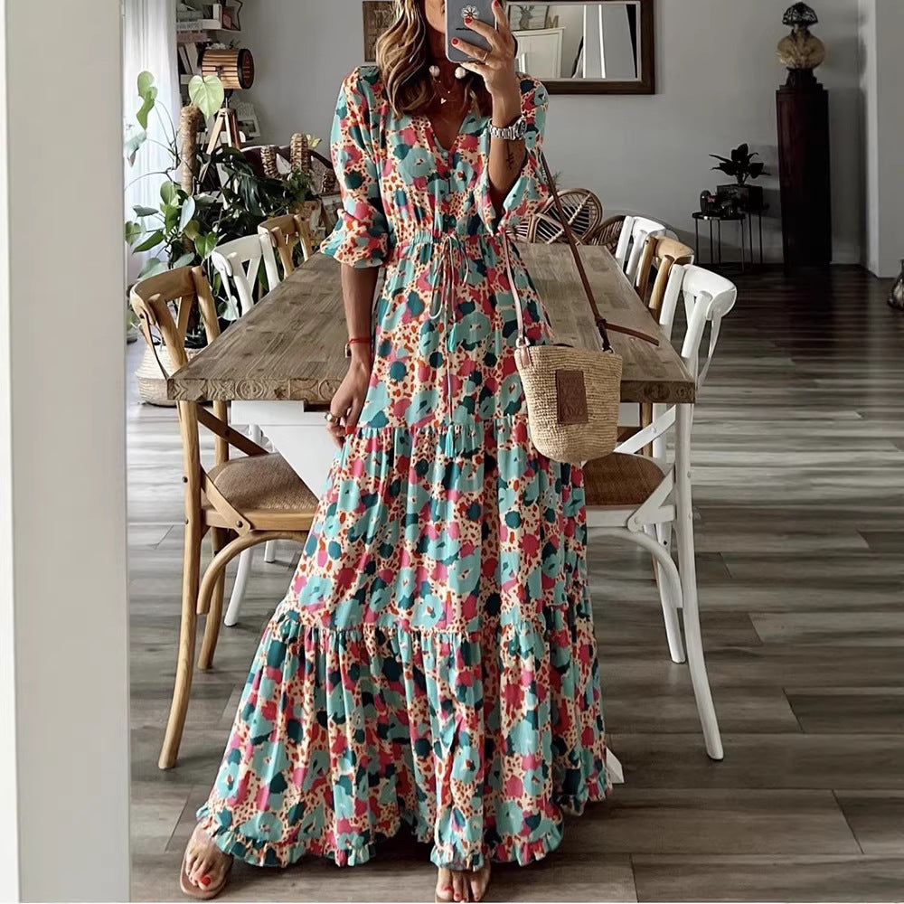 Women's Printed Short-sleeved Girdle Large Long Style Dress