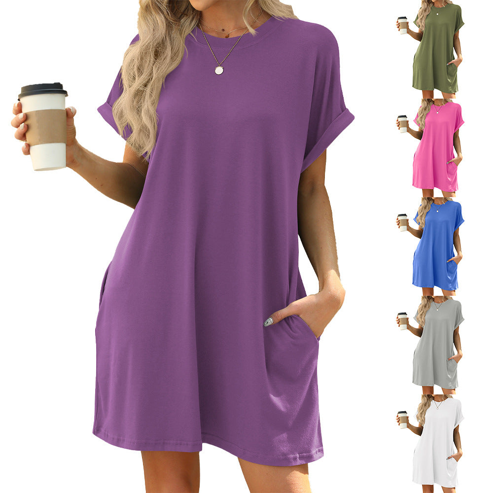 Solid Color Round Neck Pocket Loose Shorts