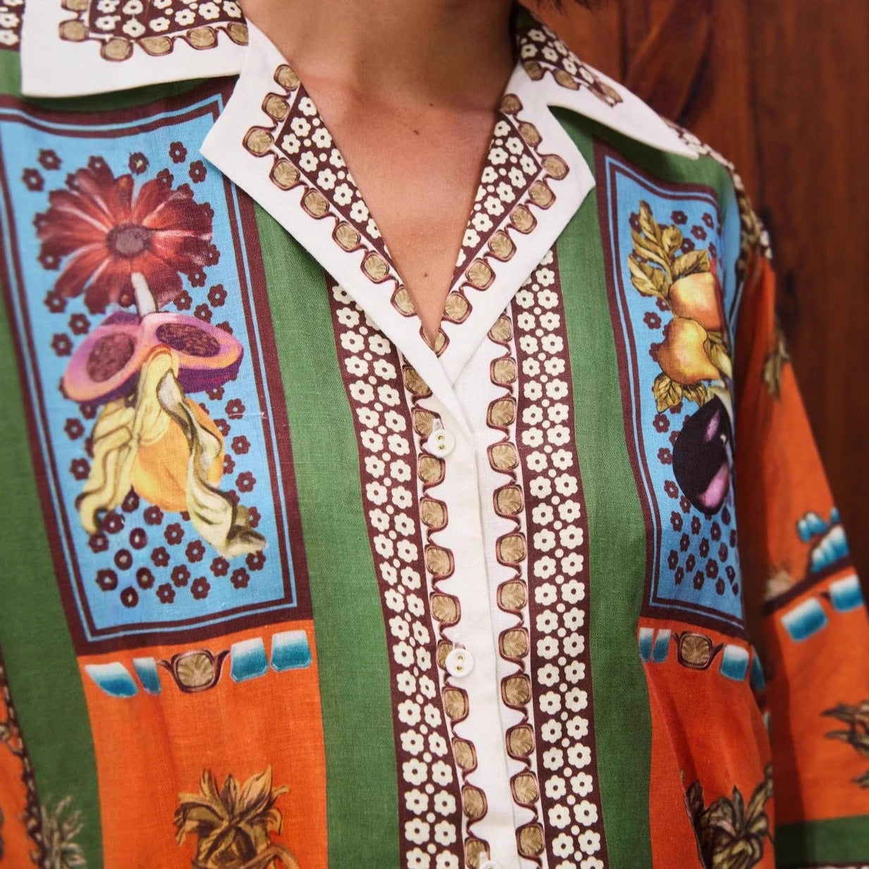 Women's Cotton Linen Printed Long Collar Dress Dresses