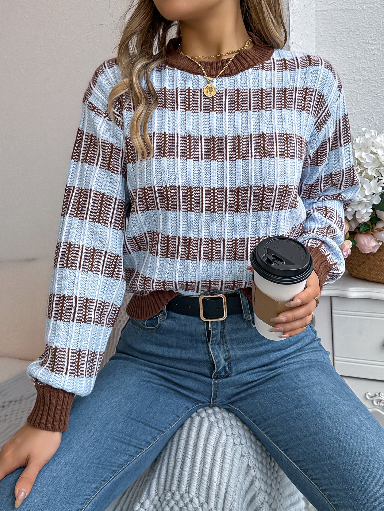 Women's Neck Vintage Stripe Lantern Long Sleeve Sweater