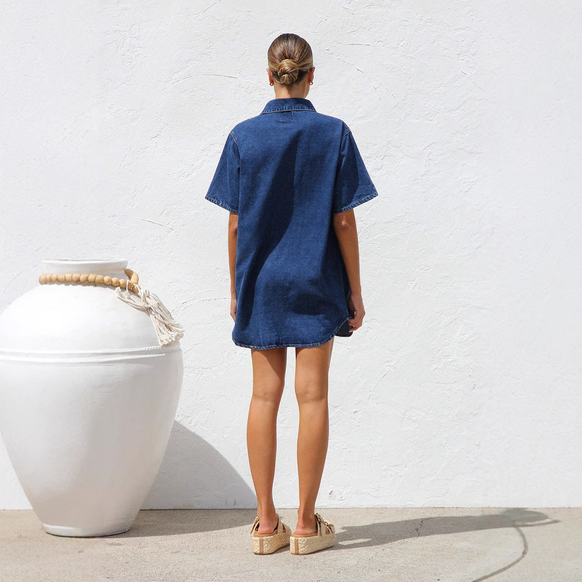 Women's Denim Short-sleeved Lapel Shirt Loose Dress Dresses