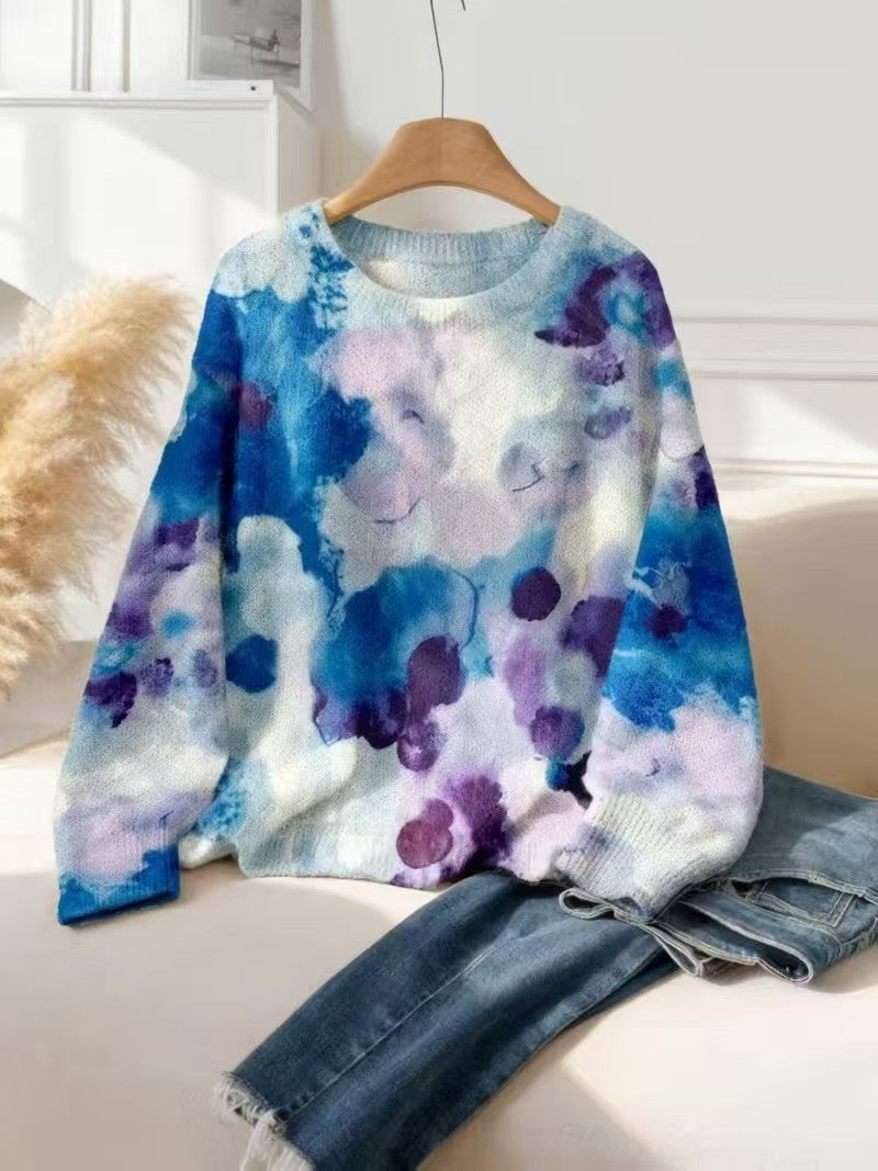 Women's Fashion Floral Print Casual Elegant Wear Match Round Neck Knitwear