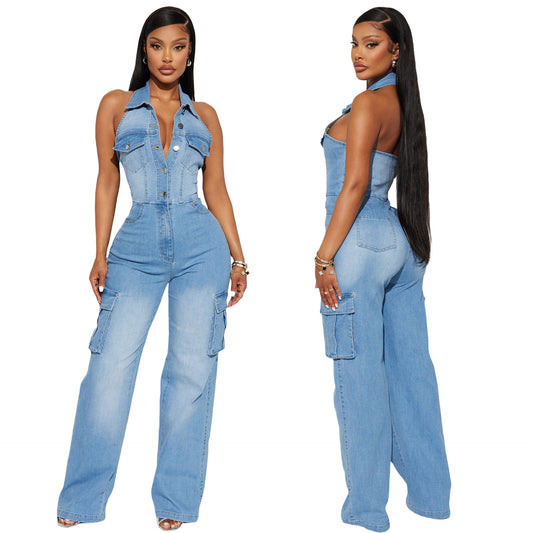 Waist Slim Elastic Washing Denim Straight Jumpsuits