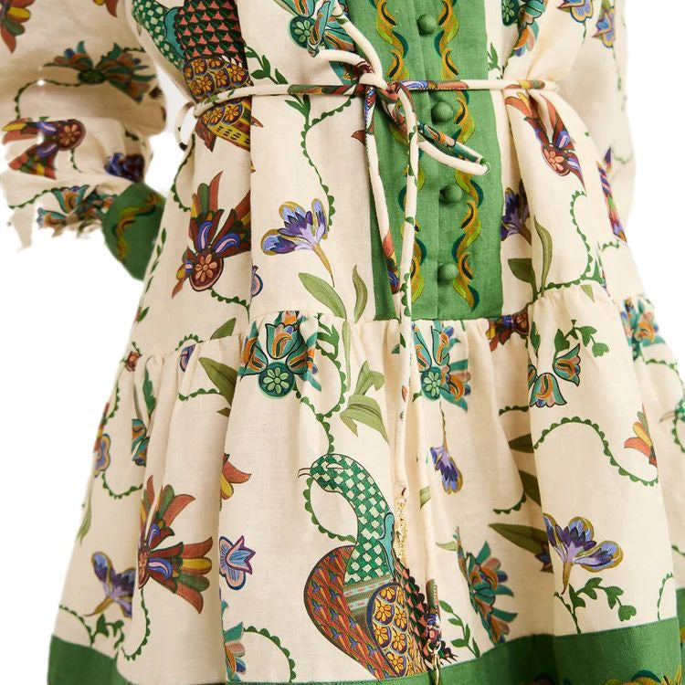 Single-breasted Long Lantern Sleeve Iti Printing Dresses