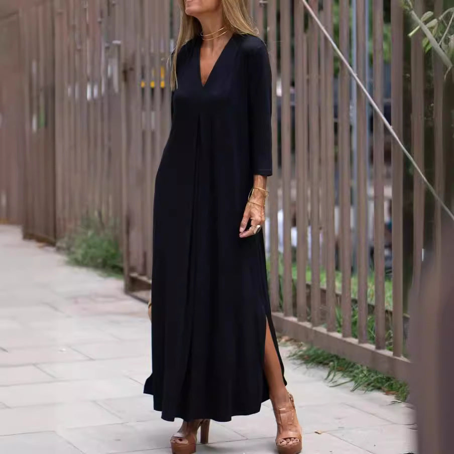 Solid Color Three-quarter Sleeve Knitted Long Dress