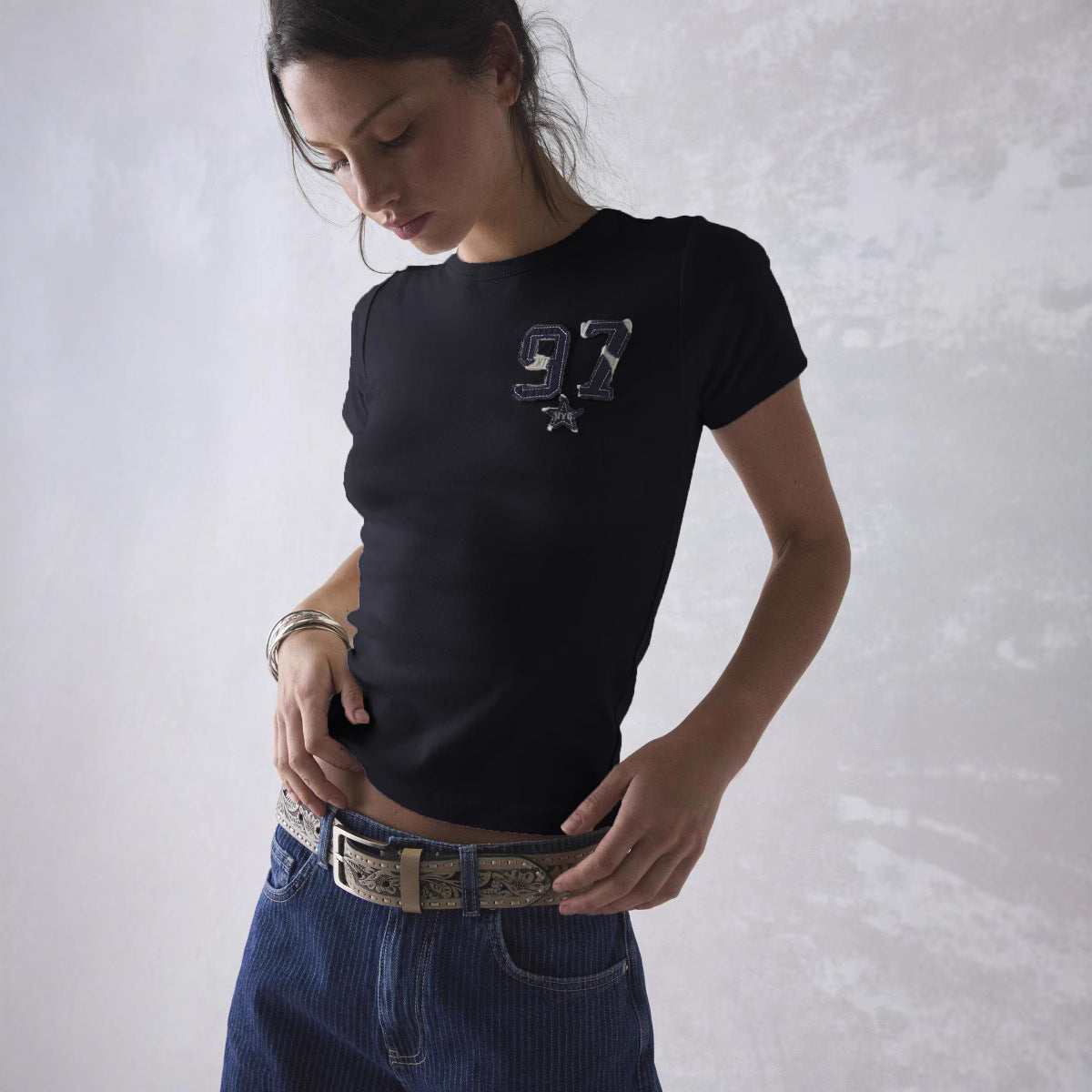 Women's Letters Blue Affixed Cloth Embroidered Summer Blouses