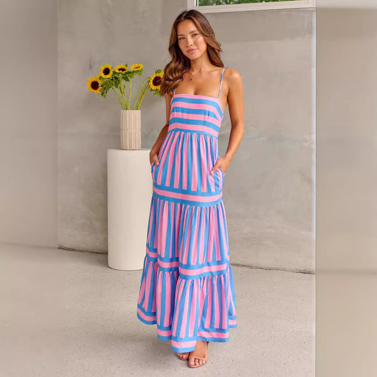 Women's Striped Positioning Printed Sling Backless Pocket Dresses