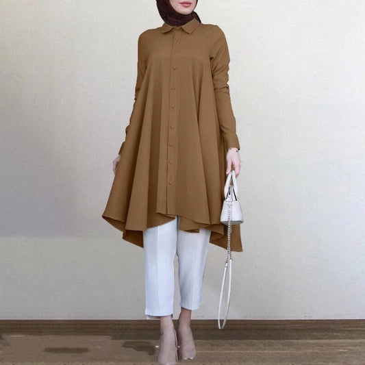 Women's Solid Color Polo Collar Button Placket Dovetail Curved Hem Blouses