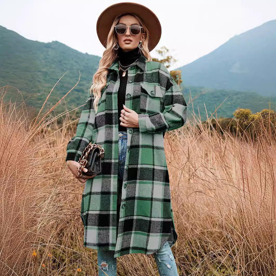 Women's Elegant Long Trench Lapel Pocket Plaid Coats