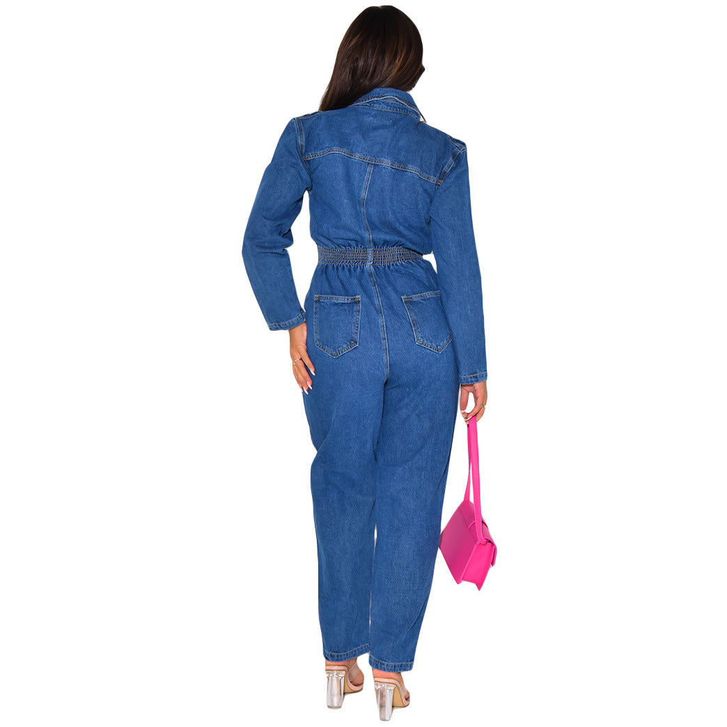 Women's Attractive Durable Sexy Collar Denim Jumpsuits